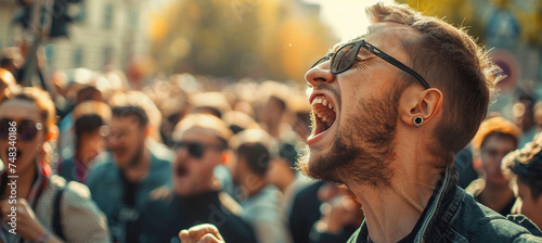 Man Shouting Passionately in a Lively Crowd Outdoors © swissa