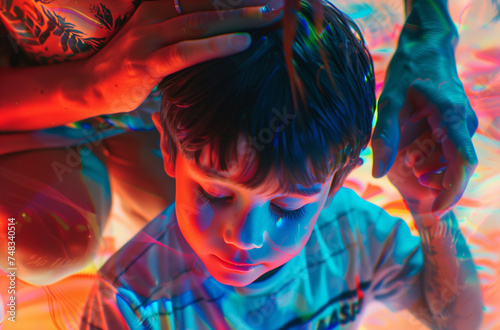 Child with Parent Immersed in Colorful Lights