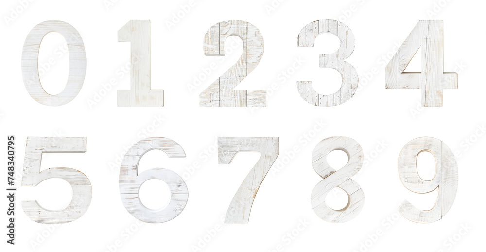 White 3D Wooden Numbers Set Isolated on White and PNG Transparent Background White 3D Wooden Numbers Set Isolated on White and PNG Transparent Background