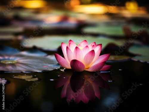 a pink flower on water