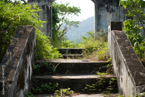 a stone stairs with plants growing on it