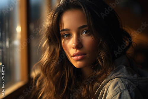 Portrait of a serene woman gazing pensively near a window at the golden hour. © Jsanz_photo