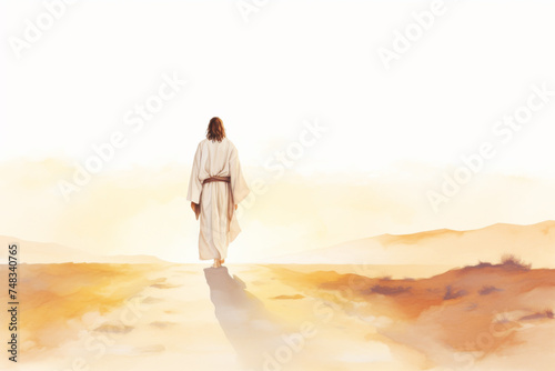 Jesus Christ Walking Alone Watercolor Illustration