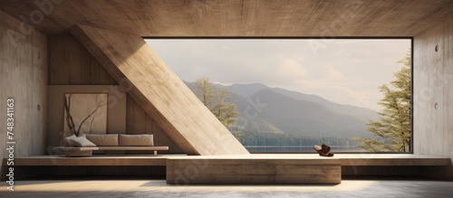 A room with a window showcasing a stunning view of a vast mountain range. The rooms interior features concrete and wood elements, creating a simple and modern aesthetic. © Vusal