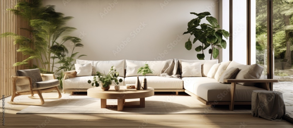 A modern living room overflowing with various furniture pieces such as sofas, coffee tables, and plants scattered throughout the space.