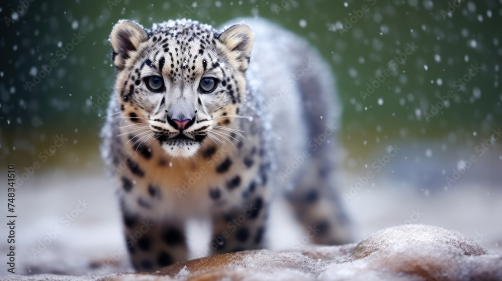 Fototapeta premium a snow leopard walking in the snow