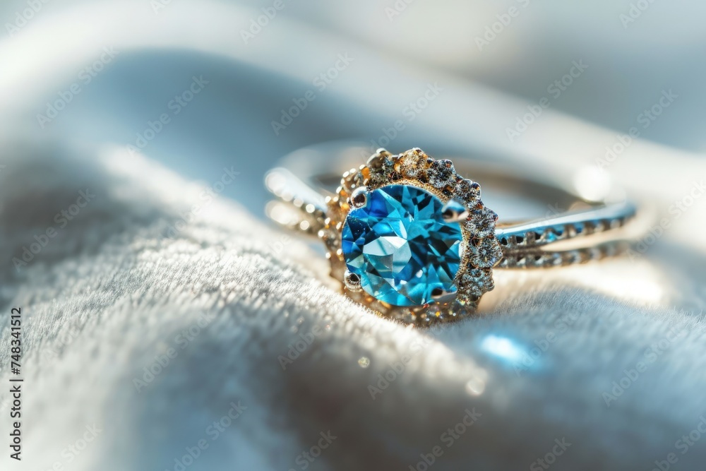 a blue gem on a white fabric a blue gem on a white fabric