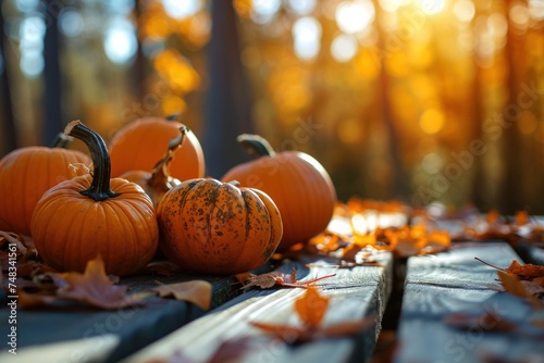 a group of pumpkins on a bench