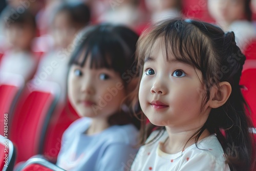 cute asian little girls in the auditorium