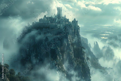 An enchanted castle on a mountain with floating islands and dragons.