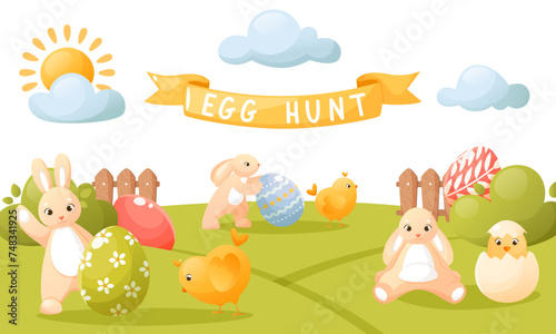 Vector cute illustration of an Easter egg hunt, with cute bunnies, chicks, Easter attributes, ribbon text and decorations. Suitable for Easter banners, invitations, cards, flyers. © Лиля Зайдуллина