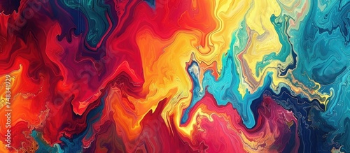 An abstract painting showcasing a dynamic blend of fluid paint in a multitude of colors. The paint flows and merges, creating a vibrant and lively composition on the canvas.