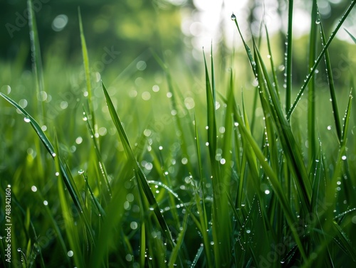 close up of grass with water droplets