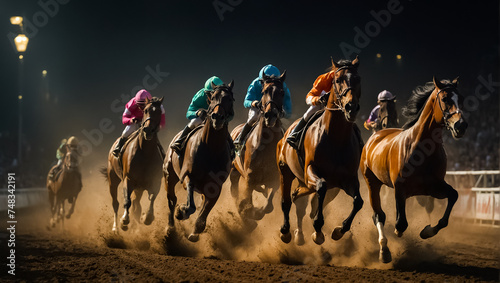 horses with riders at the races motion