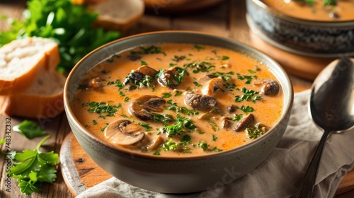 a bowl of soup with mushrooms and parsley