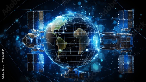 Futuristic telecom satellite orbiting earth with global online connection and gps services