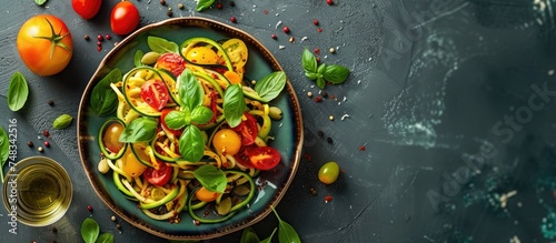 A plate filled with cooked pasta, fresh tomatoes, and vibrant basil leaves sitting on a table.