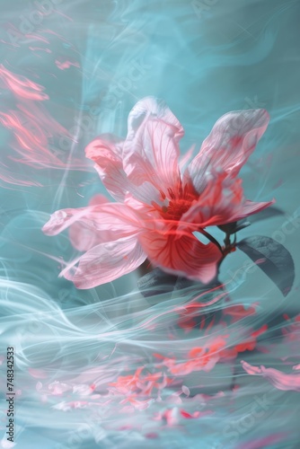 Blossomed flowers in the style of abstracted photography in light red and light aquamarine colors. Surreal still life composition in motion blur
