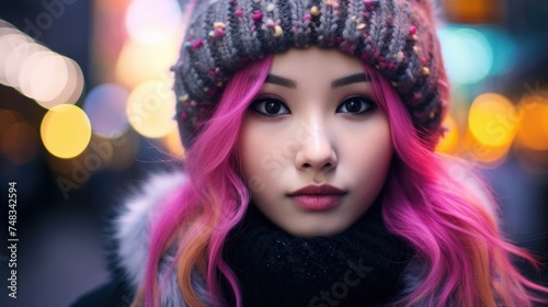 a woman with pink hair and a knit hat