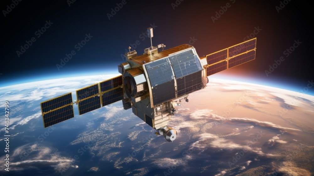 Futuristic telecom satellite with hologram data orbiting earth for online gps services Futuristic telecom satellite with hologram data orbiting earth for online gps services