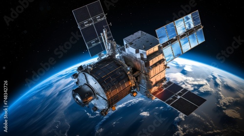 Futuristic communication satellite orbiting earth for online connectivity and gps services