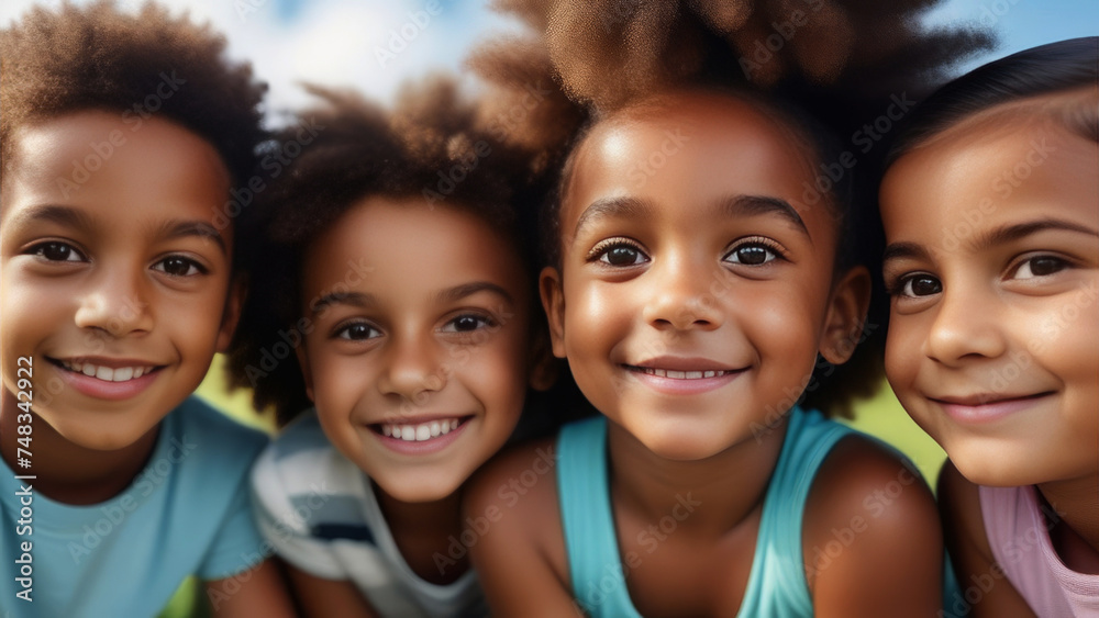 African american kids on sunny natural background. Portrait happy cute afro children. Family love and relationship sibling concept