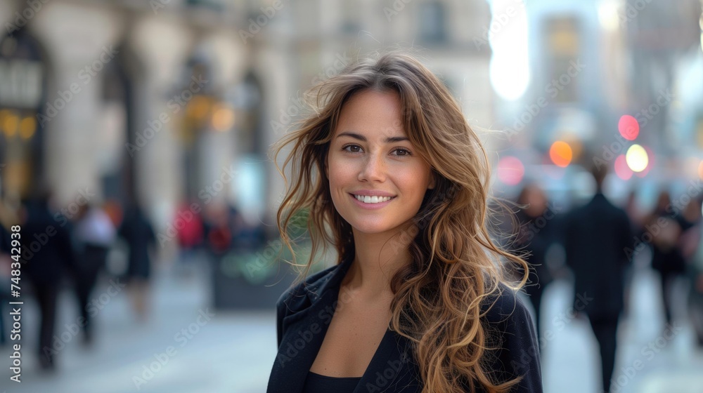 Obraz premium Smiling woman with long hair, friendly expression, urban street background with blurry lights.