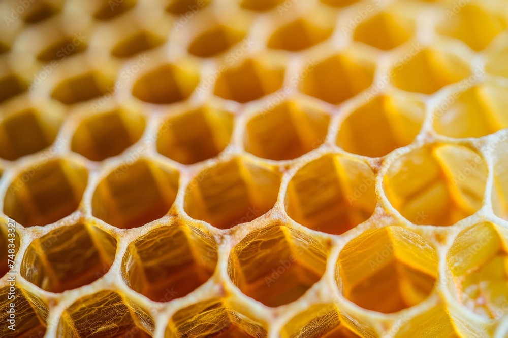 Close-up image highlighting the geometric perfection and natural golden hues of a honeycomb, showcasing the wonder of bee architecture Close-up image highlighting the geometric perfection and natural golden hues of a honeycomb, showcasing the wonder of bee architecture