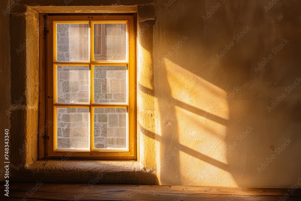 Warm sunlight casts a dramatic shadow through a charming cottage window onto a wooden floor Warm sunlight casts a dramatic shadow through a charming cottage window onto a wooden floor