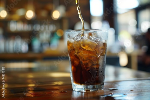 A refreshing glass of cola with ice cubes, invitingly positioned on a rustic wooden bar table