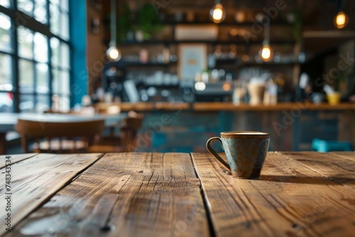 A single espresso coffee cup sits on a well-worn wooden table, offering a warm invite in a cozy café atmosphere photo