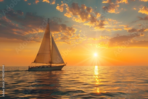 A serene scene of a sailboat sailing on the calm ocean waters during a magnificent golden sunset © ChaoticMind
