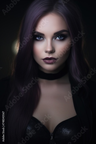 a woman with purple hair and blue eyes