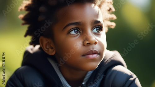 Happy child portrait. Little african american kid boy on rustic sunny nature background