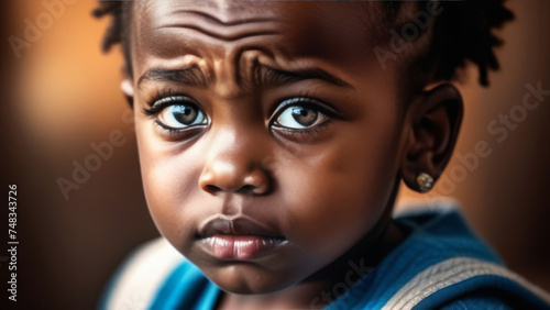 Sad african american kid girl on blurred abstract background. Portrait photography angry black kid