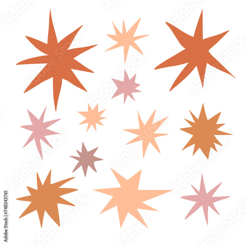 Colorful sharp shapes collection. Boho irregular sparks and twinkles set. Abstract edgy sparkles and stars element pack. Asymmetry angular forms bundle for banner, collage, poster, sticker. Vector