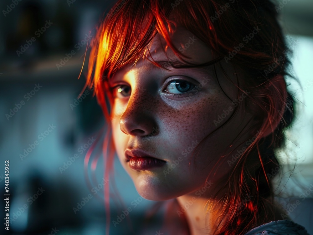 a girl with red hair and freckles looking to the side a girl with red hair and freckles looking to the side
