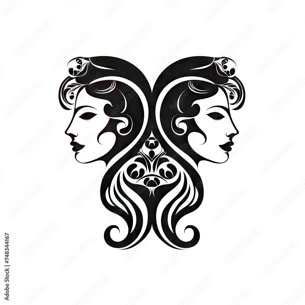 Gemini Icon, Woman Zodiac Symbol, Ornate Gemini Silhouette, Horoscope Pictogram