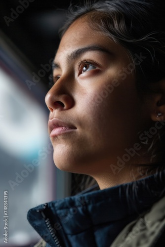 a woman looking out a window