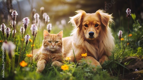 Adorable dog and cat lying together on green grass field  enjoying sunny spring day in nature