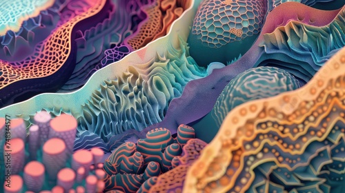 Vibrant Geometric Probiotics: A Display of Intricate Textures and Soothing Colors in Microbiology photo