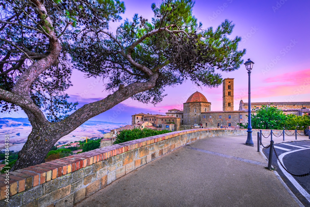 Volterra, Tuscany - Colored sunrise, tuscan city in Italy, travel destination.