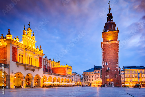 Krakow, Poland - Medieval Ryenek Square with Town Hall Tower. photo