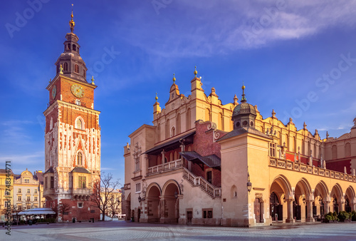 Krakow, Poland. Historical Ryenek Square with the Town Hall Tower