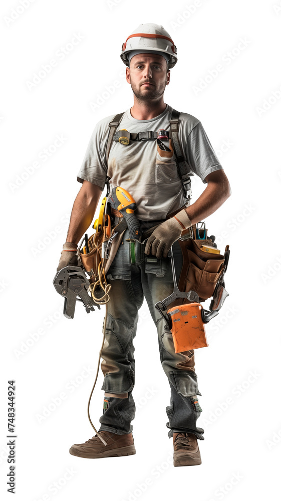 Confident construction worker with tools isolated on transparent background Confident construction worker with tools isolated on transparent background