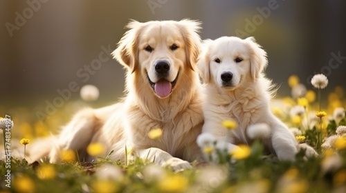 Cute dog and cat enjoying nature, resting together on green grass in spring sunshine