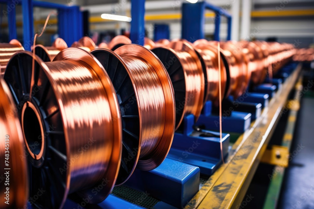 Obraz premium Manufacturing copper wire and bronze cable reels at factory.