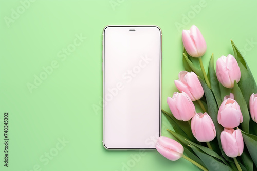 Green screen chromakey smartphone on spring background for spring greetings. Blank mock up phone screen with spring flowers.