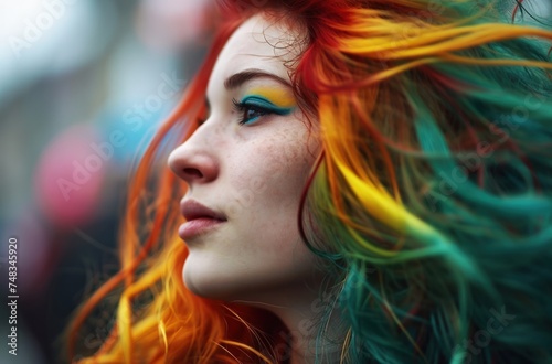 a woman with colorful hair