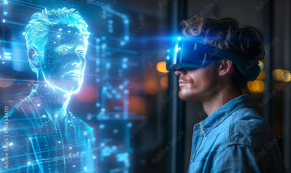 Immersive conversation: man interacts with hologram, symbolizing the future of communication